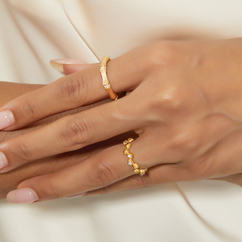 S925 Sterling Silver Gold-Plated Bamboo-Shaped Zircon Pile Diamond Ring