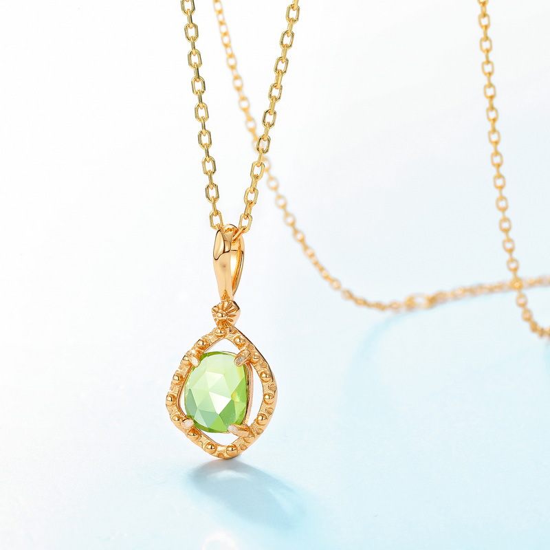S925 Sterling Silver Gold-Plated Natural Olivine Pendant Necklace