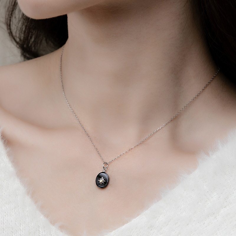 S925 Sterling Silver Black Onyx Synthetic Opal Pendant Necklace