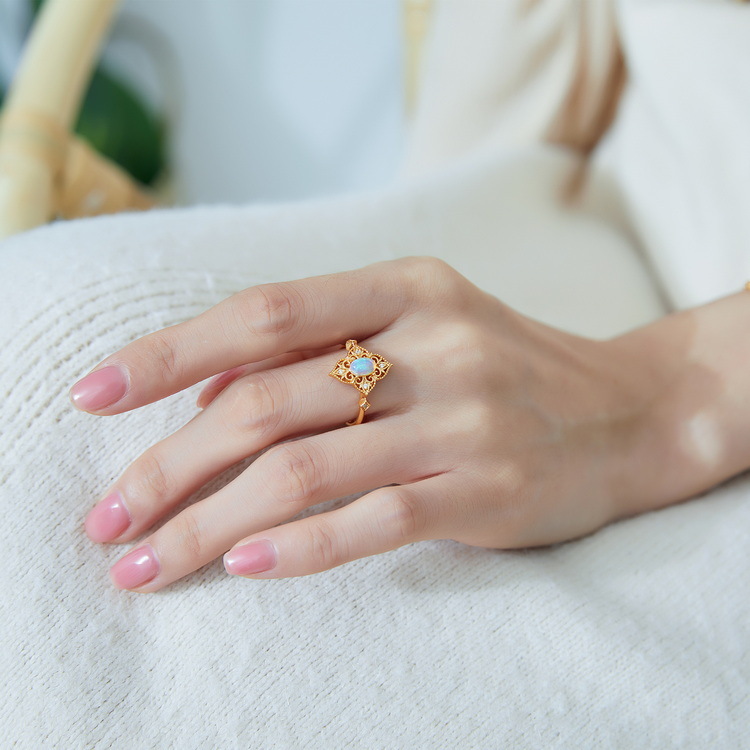 S925 Sterling Silver Gold-Plated Vintage Style Natural Opal Zircon Ring