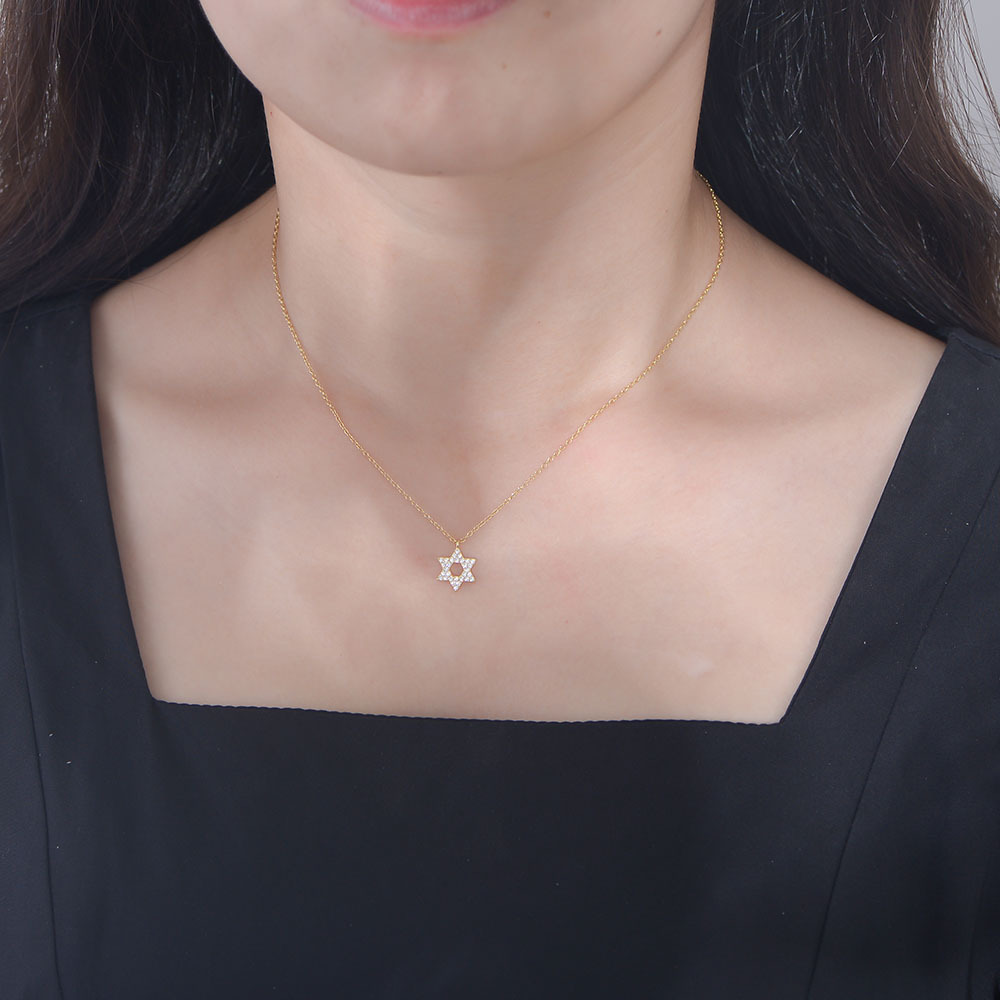 S925 Sterling Silver with Shiny Zircon Six-Pointed Star Pendant Necklace