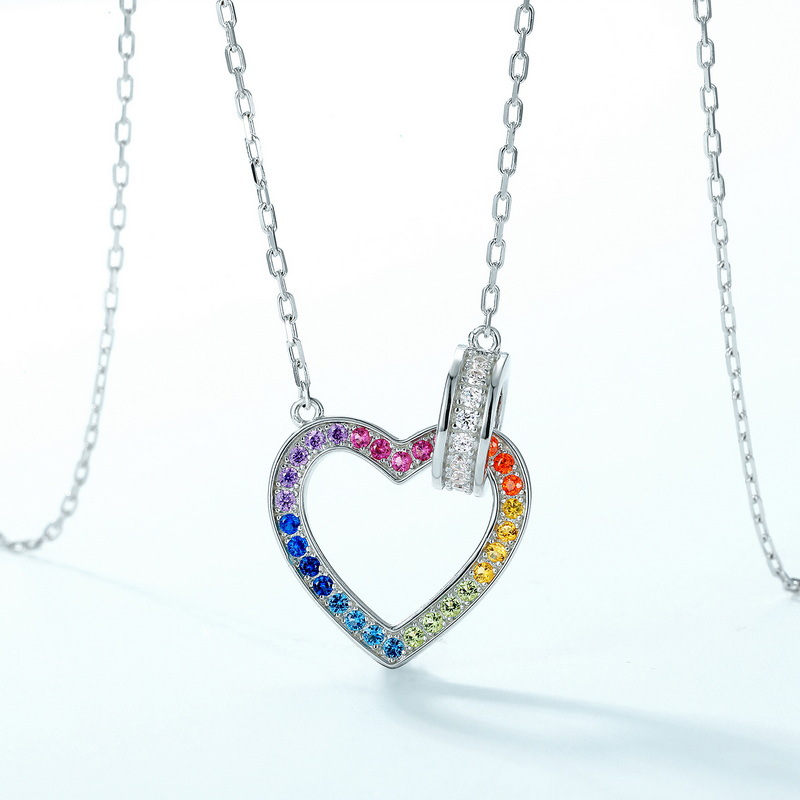 S925 Sterling Silver Full Rainbow Zircon Inlaid Heart-Shaped Necklace