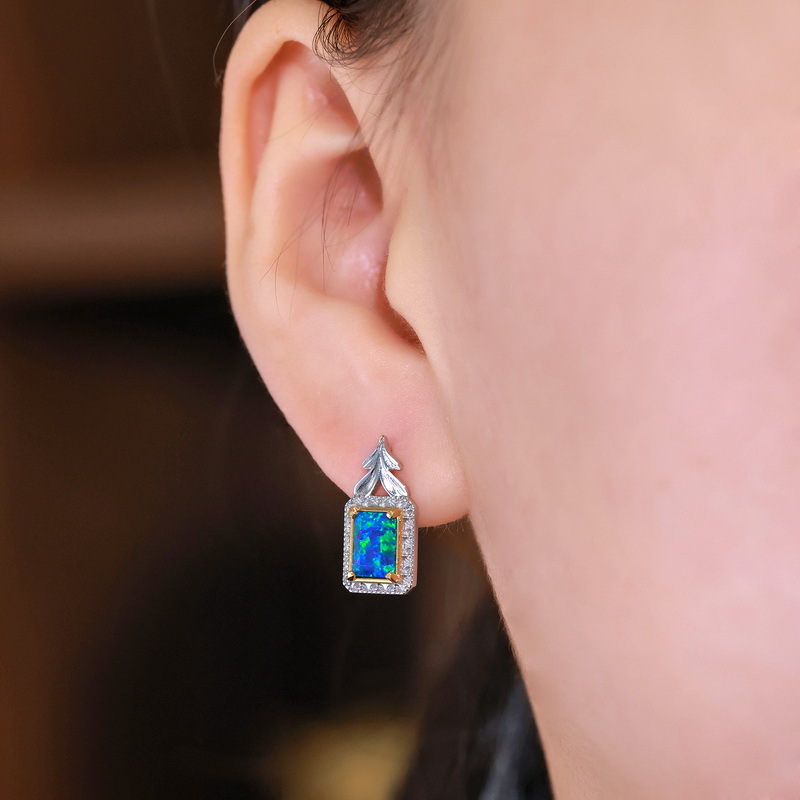 S925 Sterling Silver Stud Earrings Set with Synthetic Blue Opal