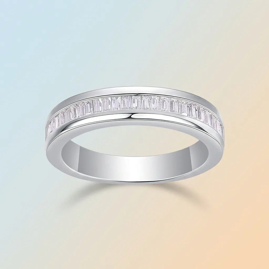 S925 Sterling Silver Ring with Flat-Set Baguette Moissanite