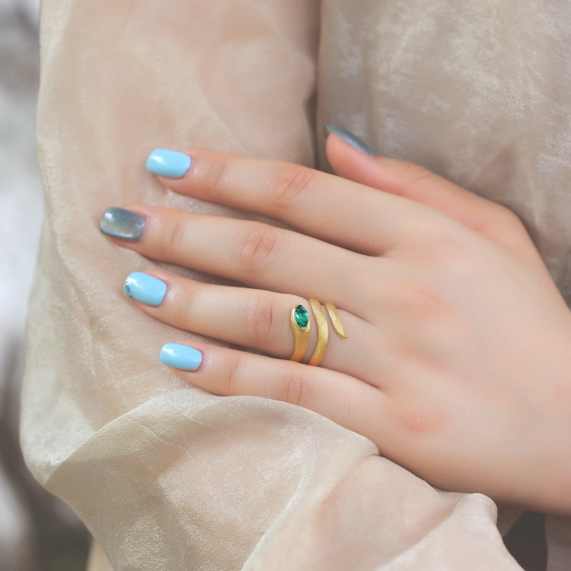 S925 Sterling Silver Gold-Plated Serpent Emerald Ring