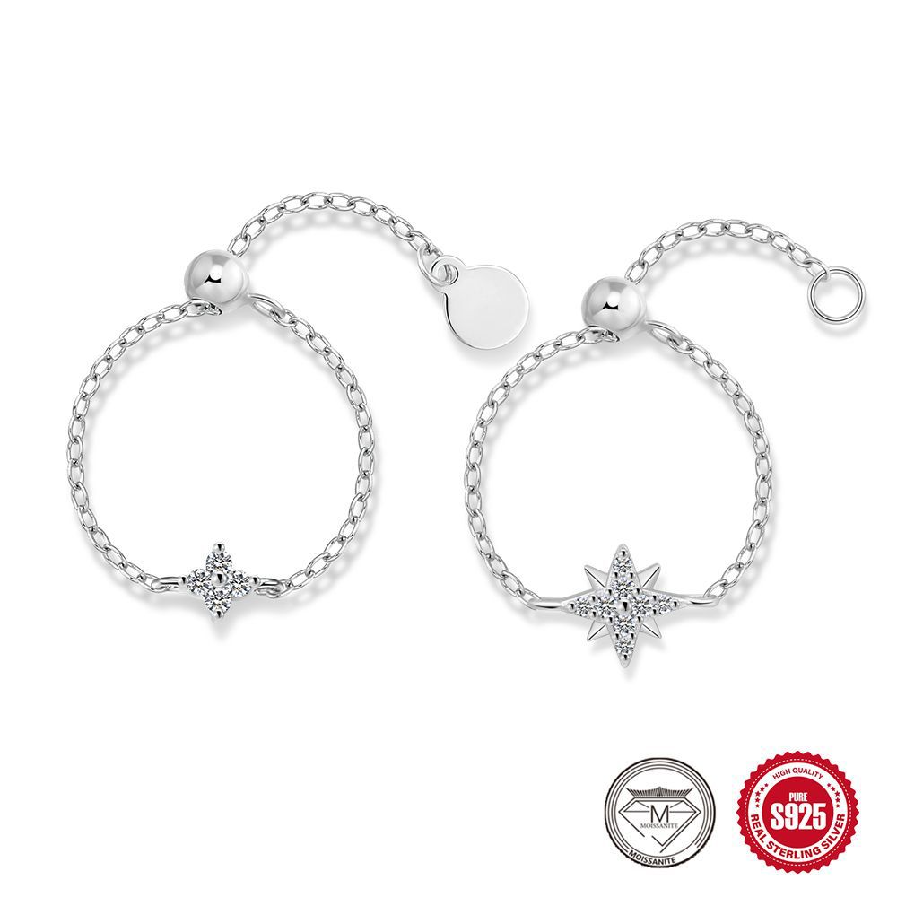 S925 Sterling Silver Moissanite Adjustable Chain Ring