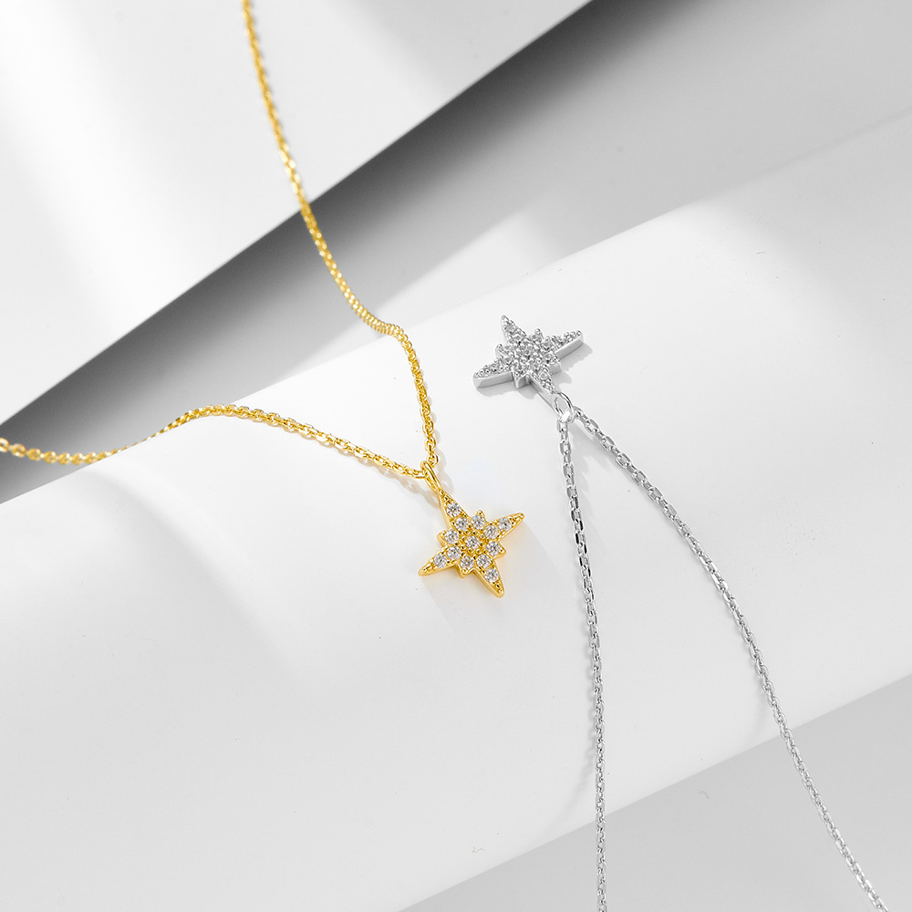 S925 Sterling Silver Full Zircon Inlaid Eight Awn Star Necklace
