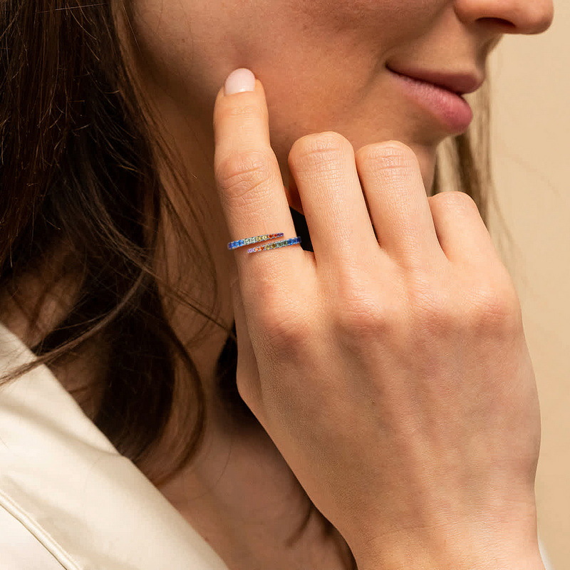S925 Sterling Silver Gold-Plated Geometric Rainbow Zircon Ring
