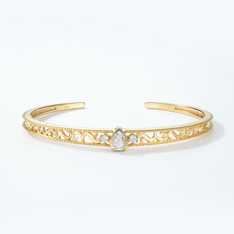 S925 Sterling Silver Gold-Plated Openwork Bangle Inlaid with Labradorite
