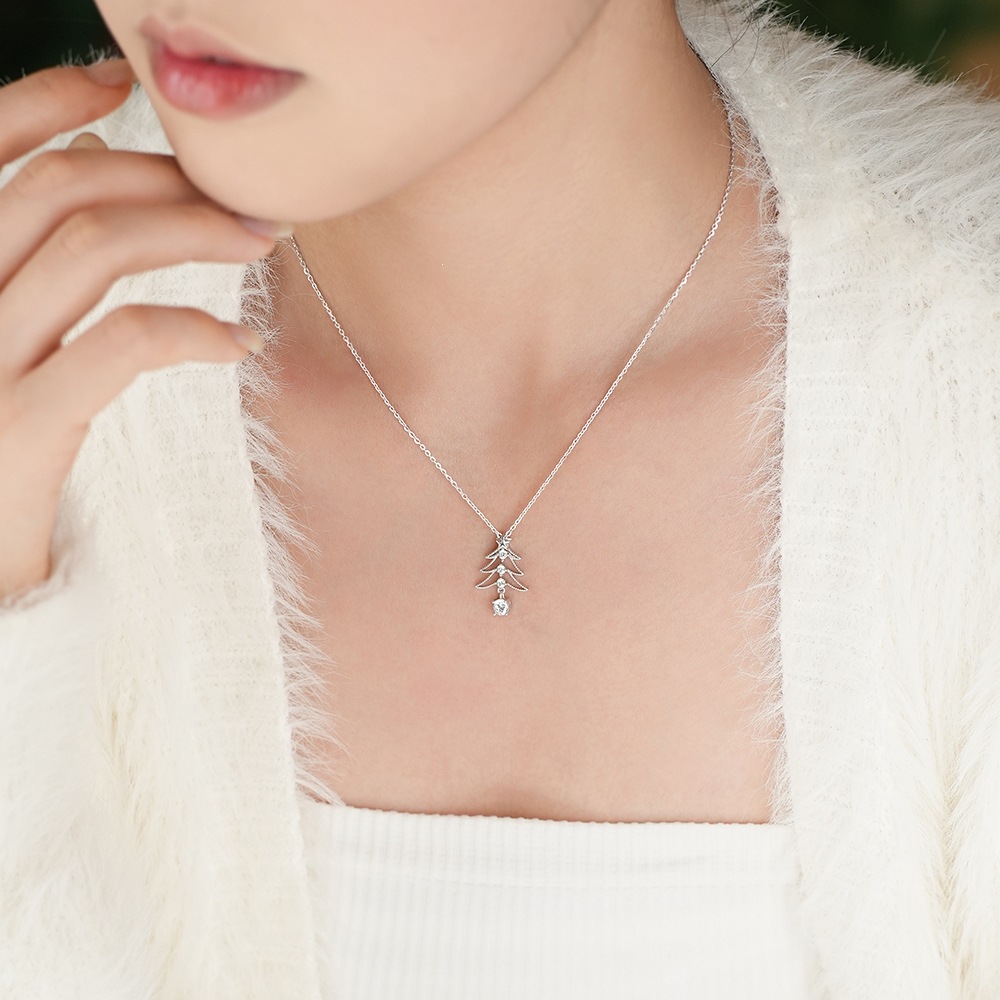 S925 Sterling Silver Openwork Christmas Tree Zircon Necklace