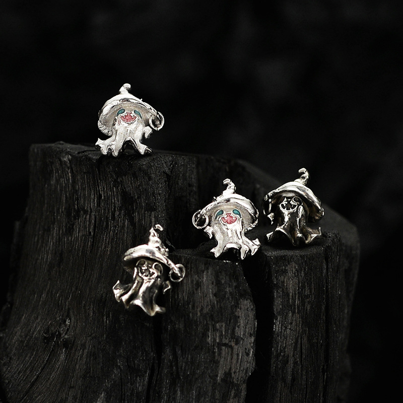 S925 Sterling Silver Whimsical Ghost with Witch Hat Earrings