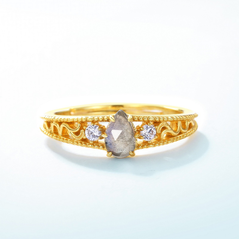 S925 Sterling Silver Gold-Plated Droplet Labradorite Ring
