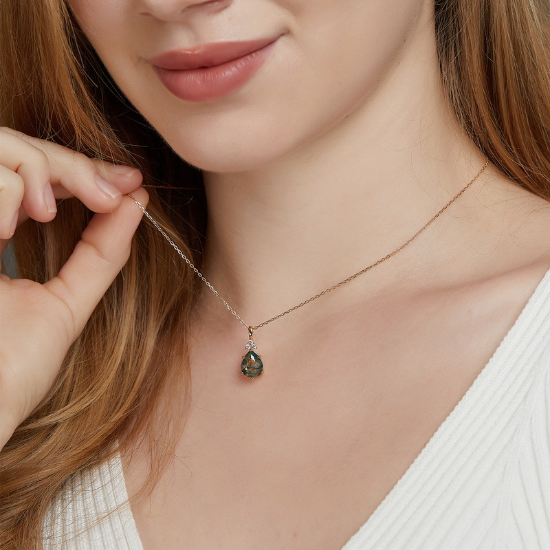 S925 Sterling Silver Inlay Natural Green Agate Pendant Necklace