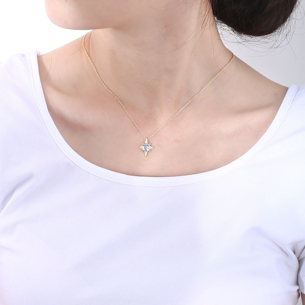 S925 Sterling Silver Eight Awn Star Pendant Sky Blue Natural Topaz Necklace