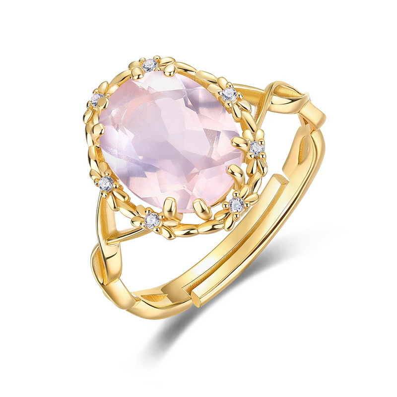 S925 Sterling Silver Gold-Plated Natural Rose Crystal Carved Ring