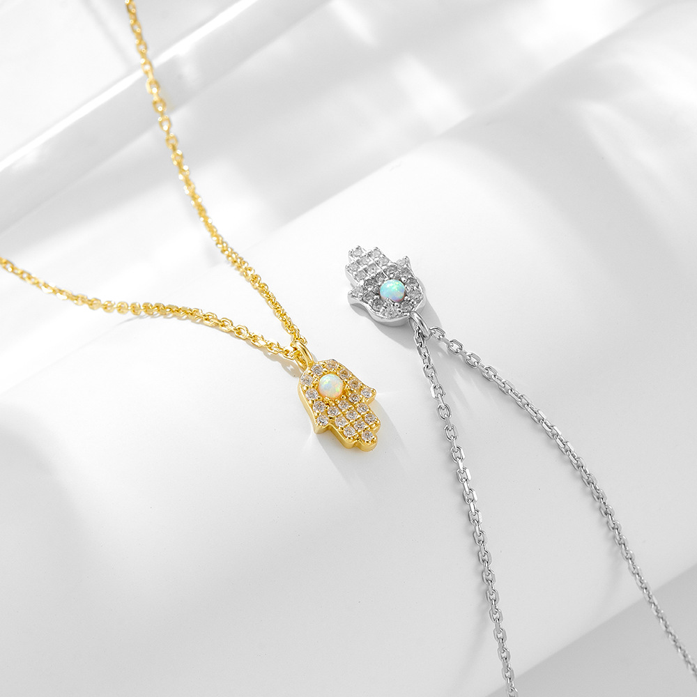 S925 Sterling Silver Fatima Hand Zircon Inlaid Necklace
