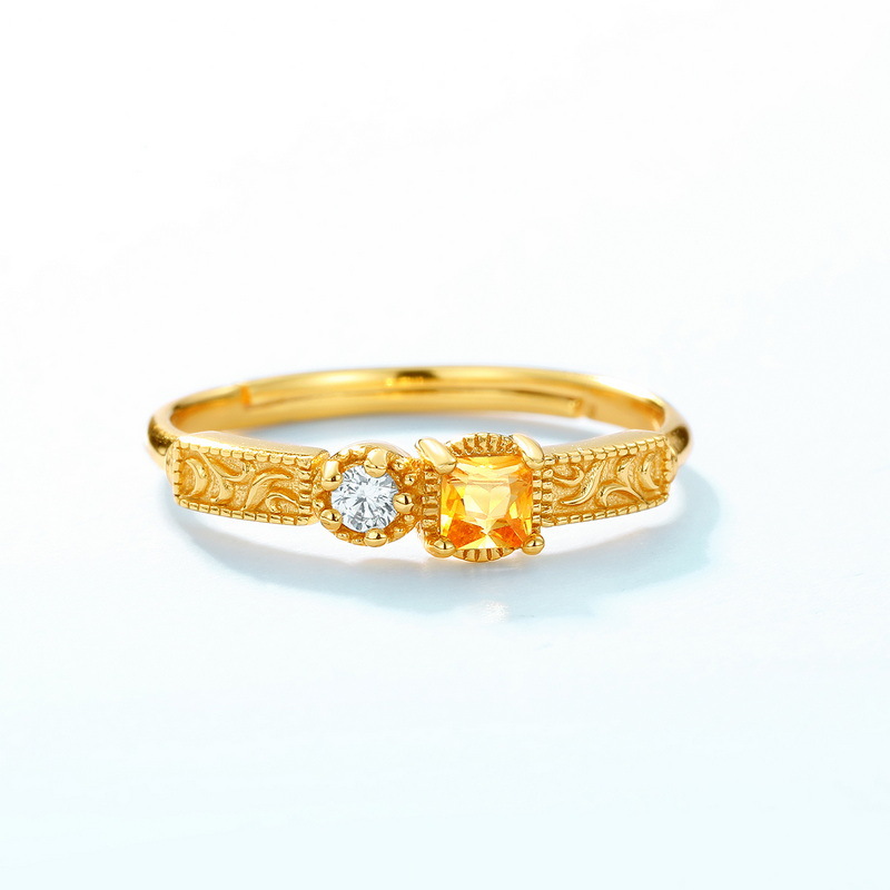 S925 Sterling Silver Gold-Plated Geometric Square Yellow Crystal Ring