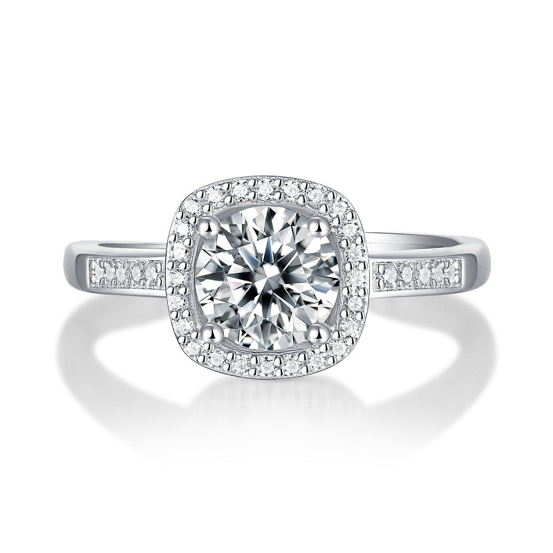 S925 Silver Small Square Ring with Moissanite Halo Setting