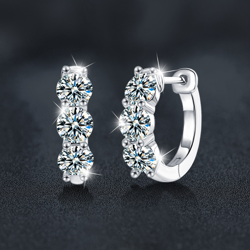 S925 Sterling Silver Moissanite Round Earrings with Diamond Bars