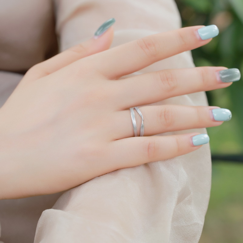 S925 Sterling Silver Feather Double Ring Two-Piece Ring Set