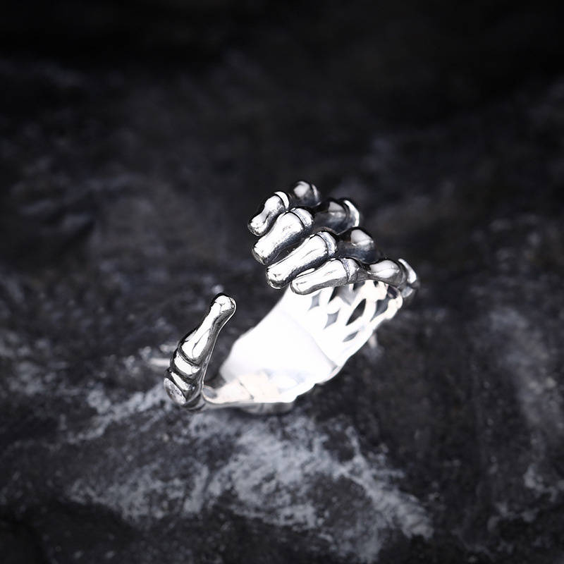 S925 Sterling Silver Halloween Skull Claw Open Ring