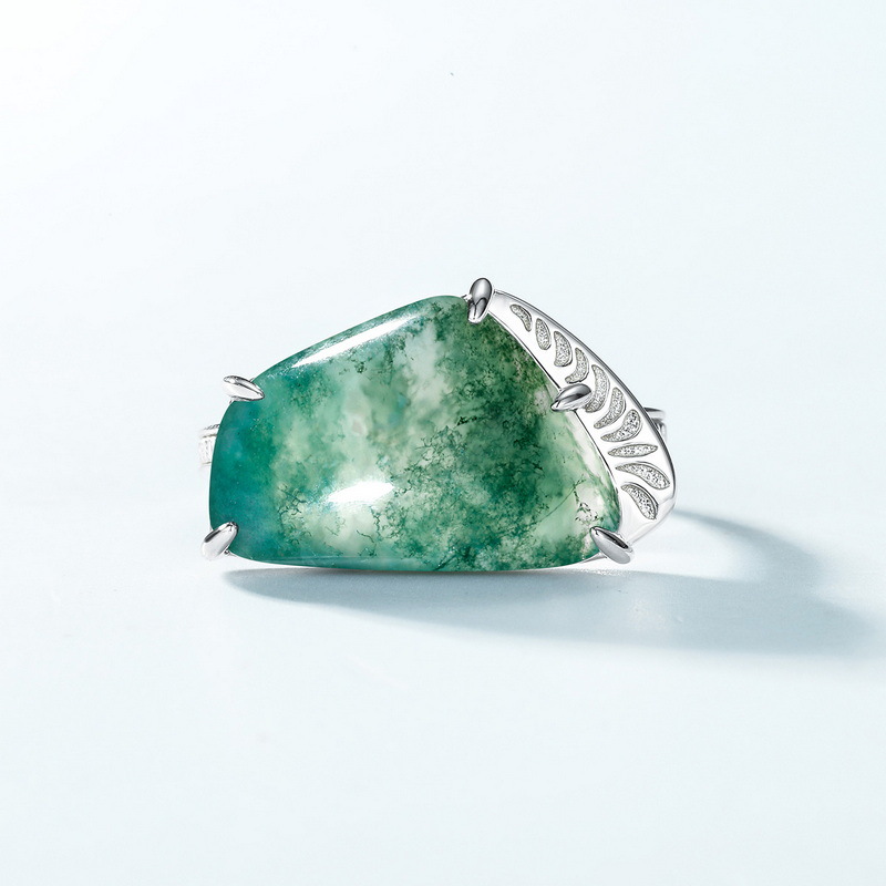 S925 Sterling Silver Geometric Moss Agate Ring