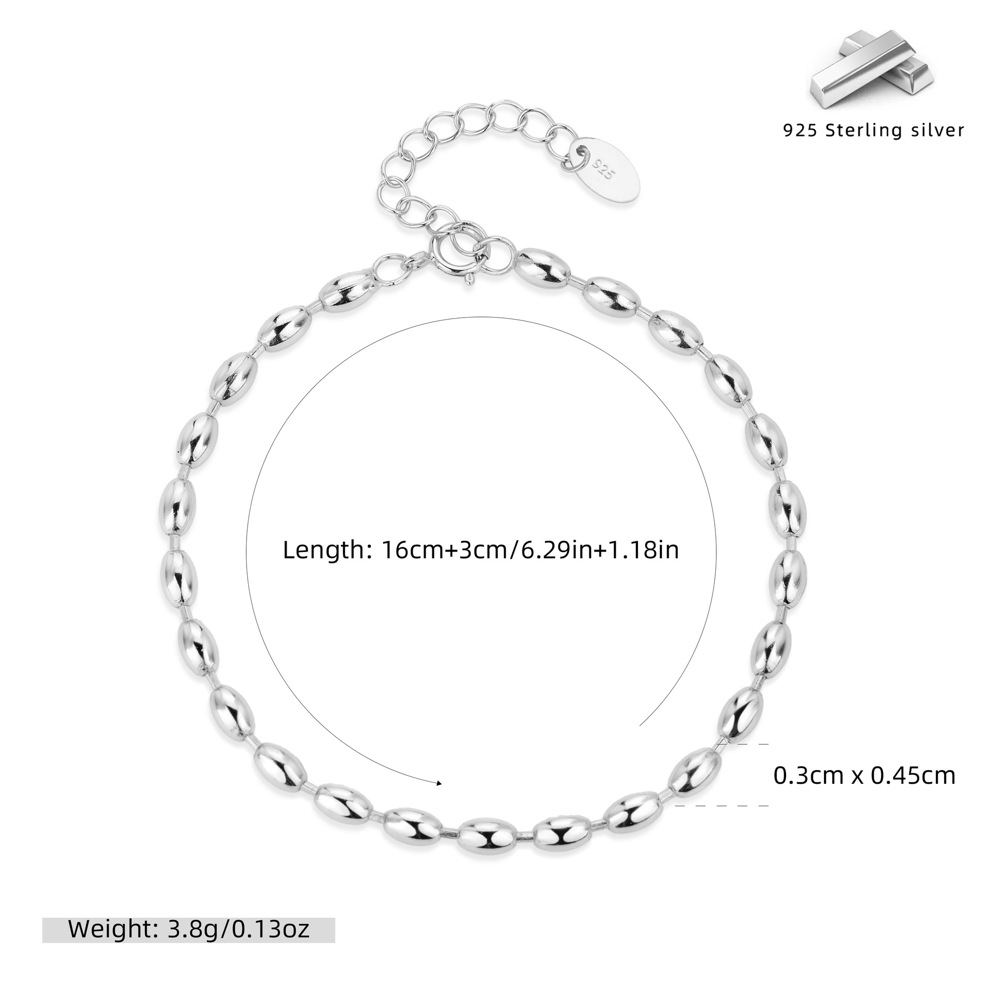 S925 Sterling Silver Rice Bead Bracelet