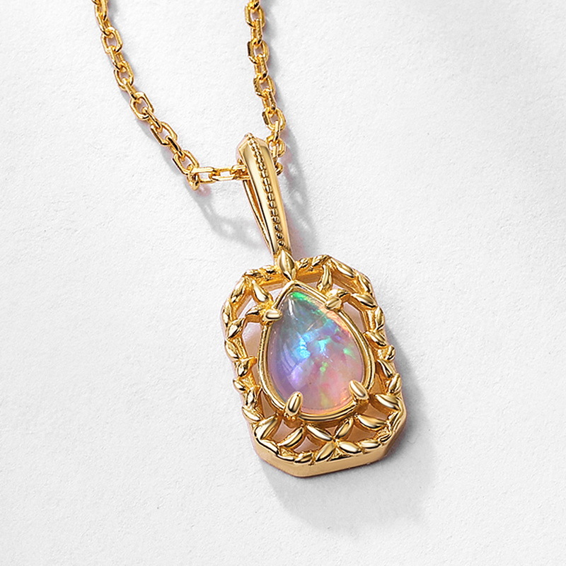 S925 Sterling Silver Gold-Plated Openwork Opal Pendant Necklace