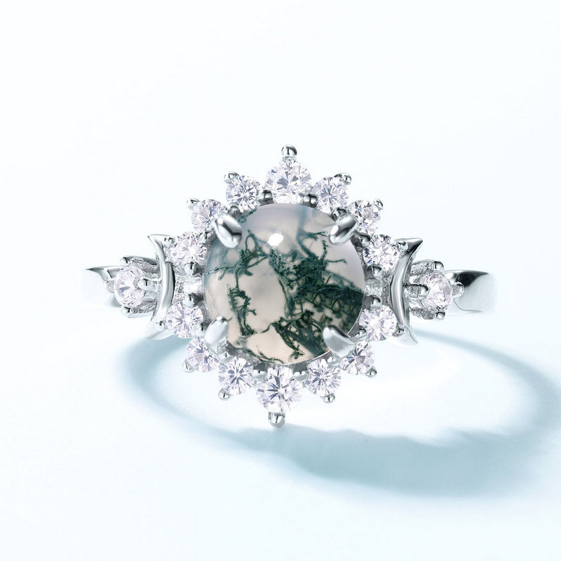 S925 Sterling Silver Ring Inlaid with Moss Agate
