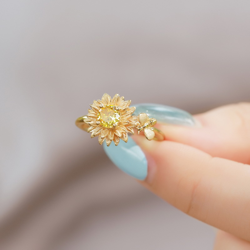 S925 Sterling Silver Plated with Golden Crystal Flower Ring