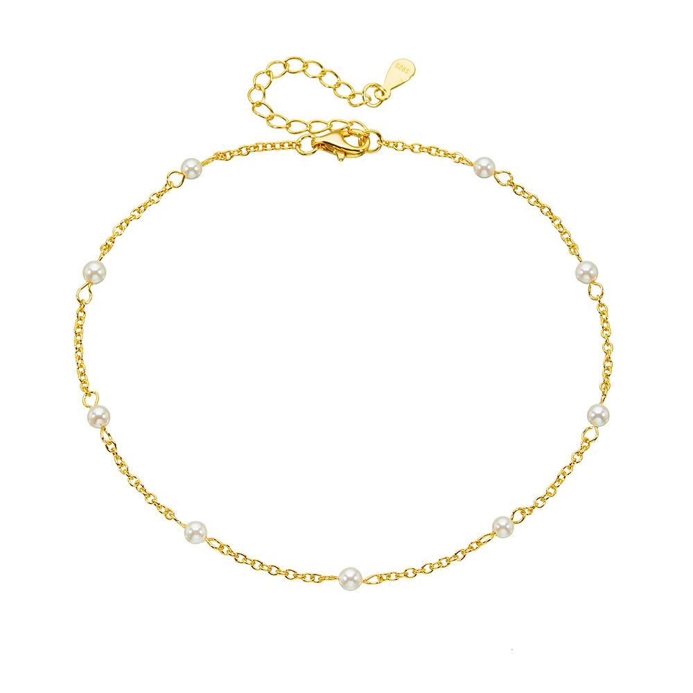 S925 Sterling Silver Plated 14K Gold Pearl Beaded Anklet