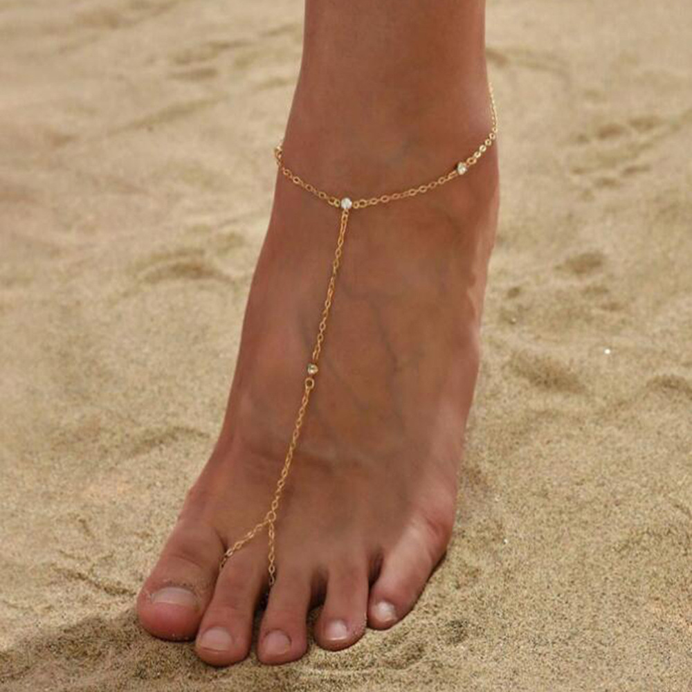 S925 Sterling Silver Simple Gold round Beads Zircon Toe Anklet