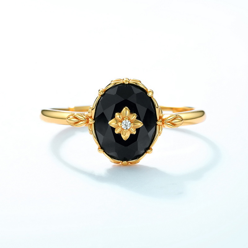S925 Sterling Silver Gold-Plated Black Onyx Ring
