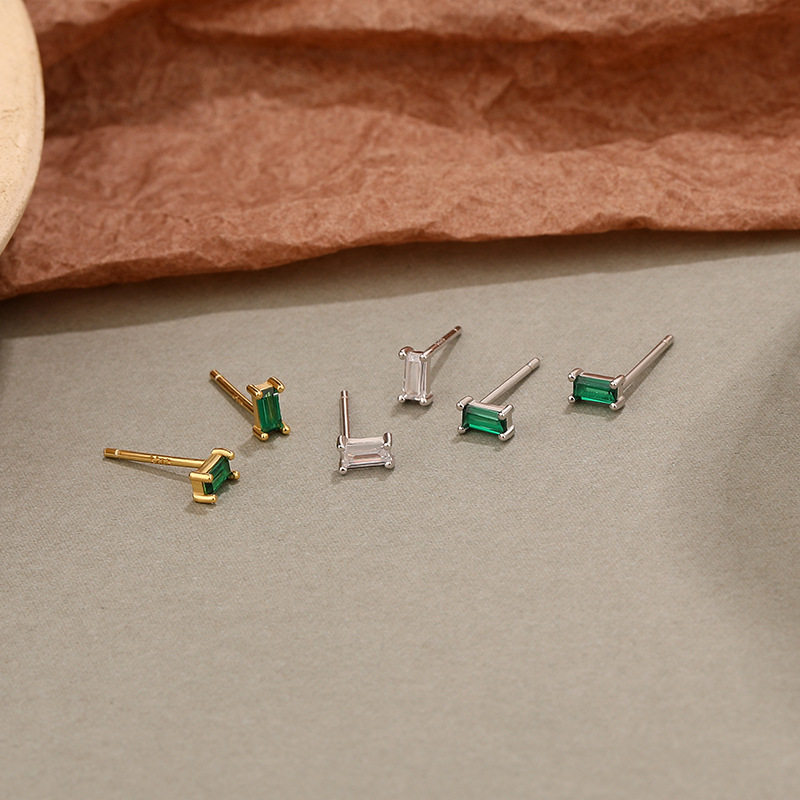 Sterling Silver Square Stud Earrings with Colorful Cubic Zirconia