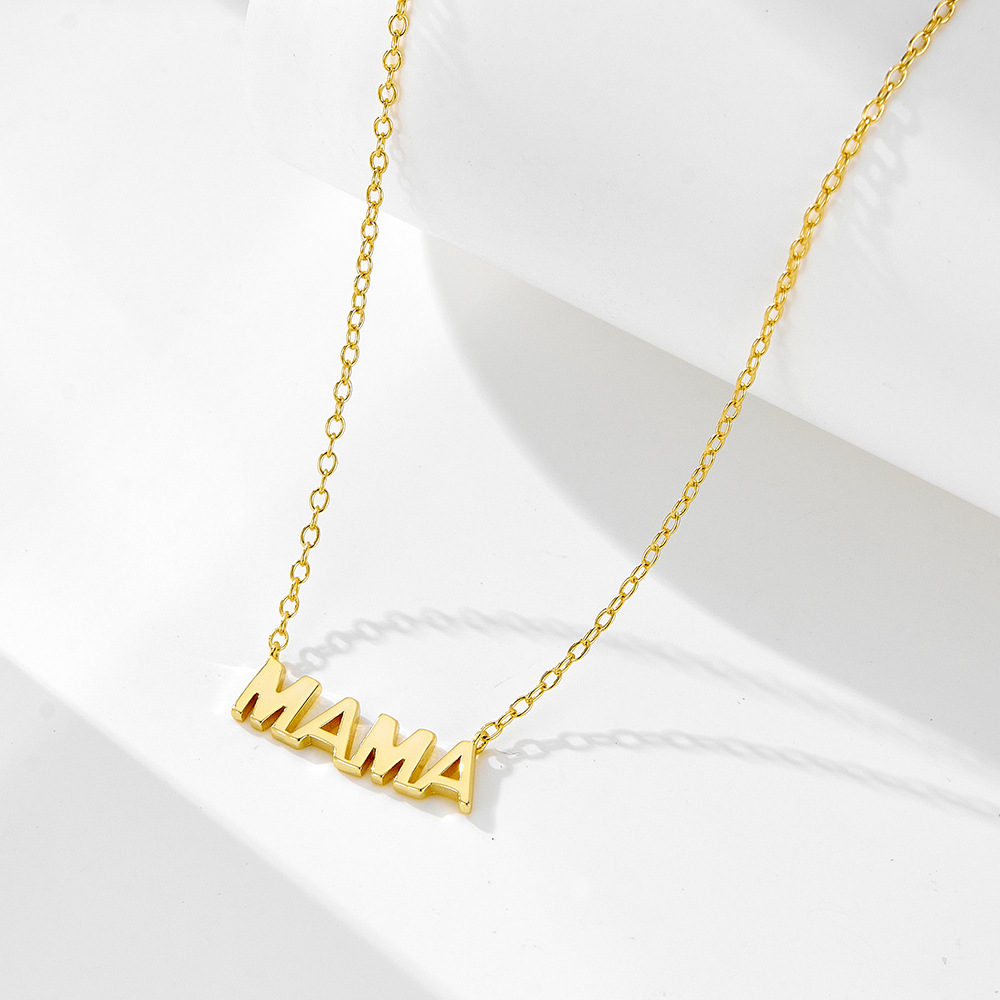 S925 Sterling Silver Electroplated 14K Glossy Mama Letter Pendant Mother's Day Necklace