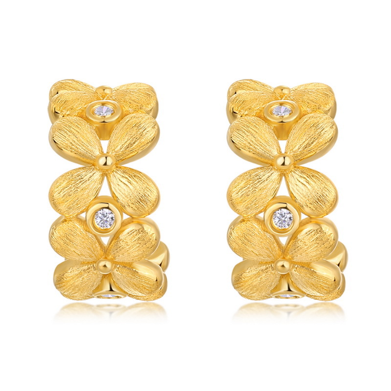 S925 Sterling Silver Gold Plated Vintage Court Style Flower Zircon Earrings