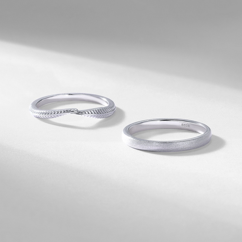 S925 Sterling Silver Feather Double Ring Two-Piece Ring Set