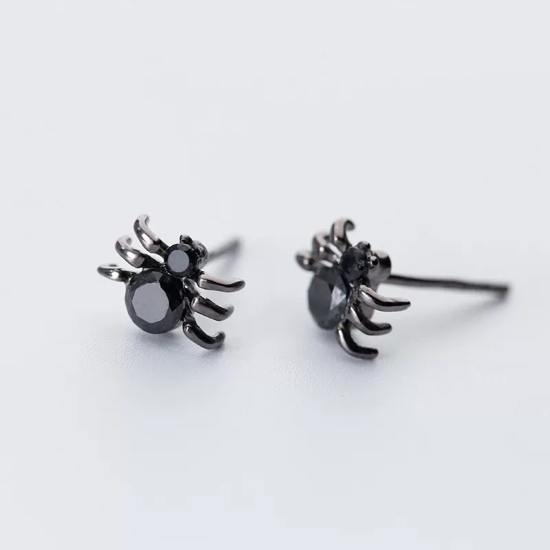 S925 Sterling Silver Halloween Black Spider Stud Earrings