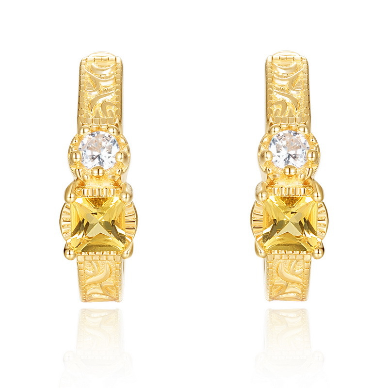 S925 Sterling Silver Gold-Plated Square Yellow Crystal Earrings