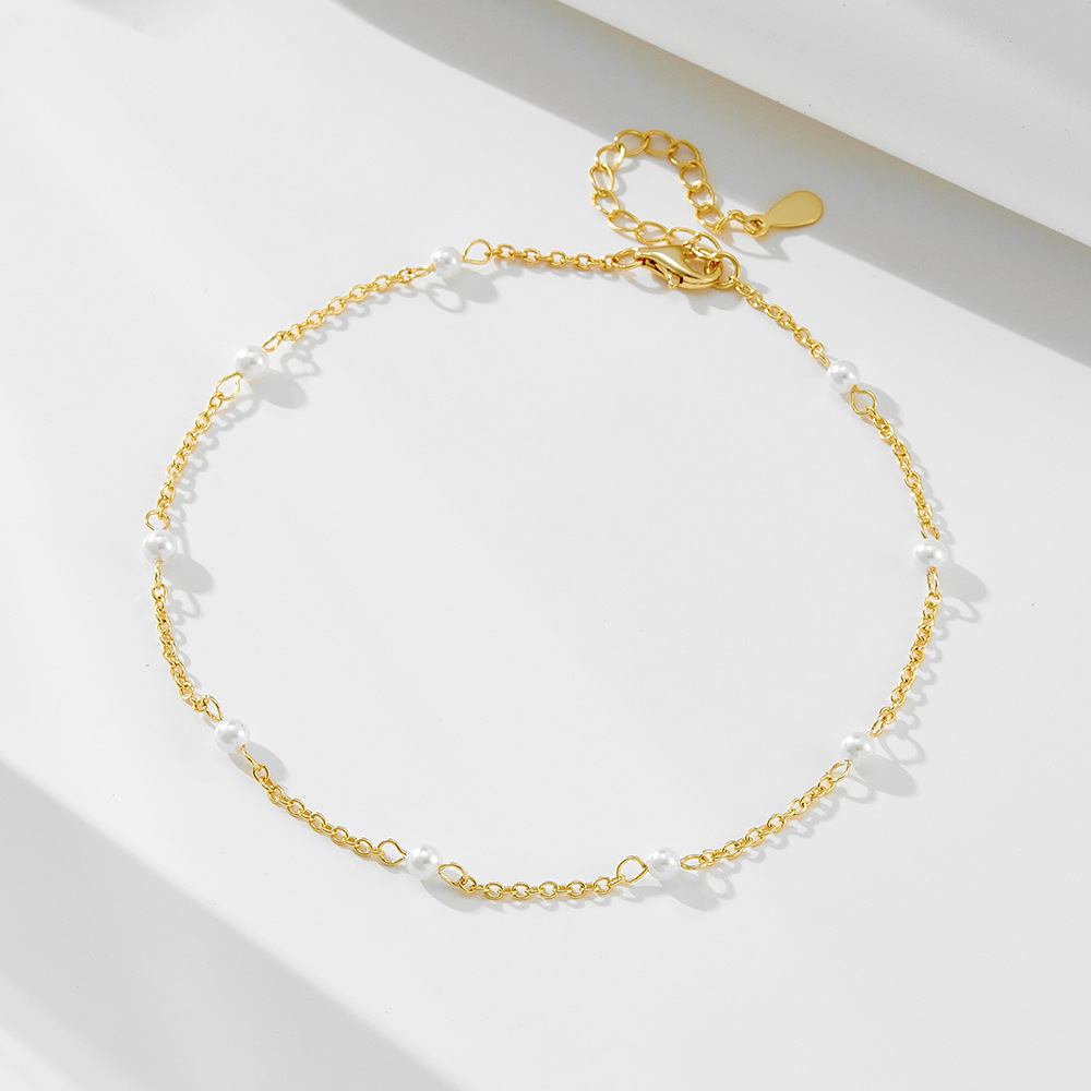 S925 Sterling Silver Plated 14K Gold Pearl Beaded Anklet