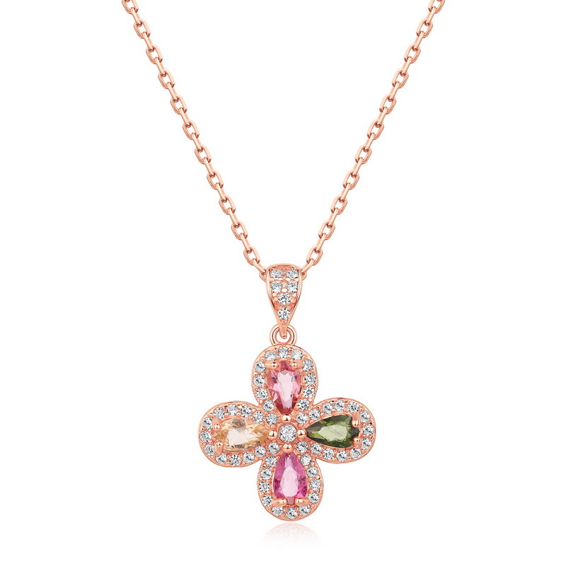 S925 Sterling Silver Four-Leaf Clover Colorful Tourmaline Pendant Necklace