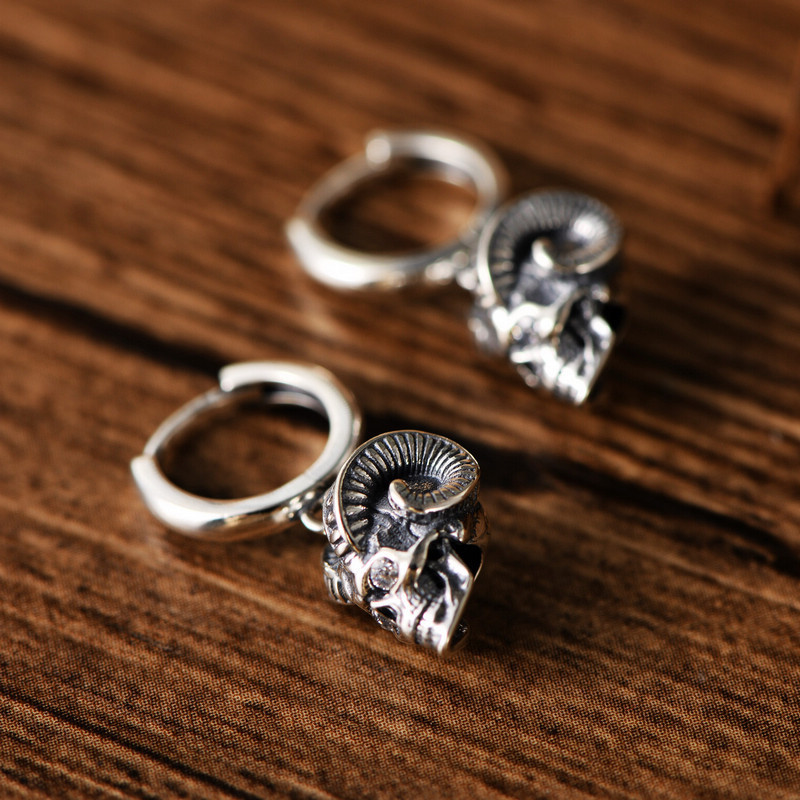 S925 Sterling Silver Halloween Ram-Horned Skull Zircon Earrings