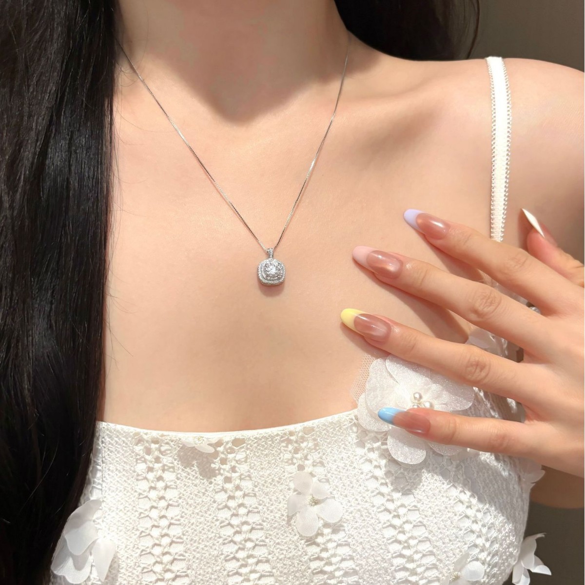 S925 Sterling Silver Square-Cut Moissanite Pendant Necklace