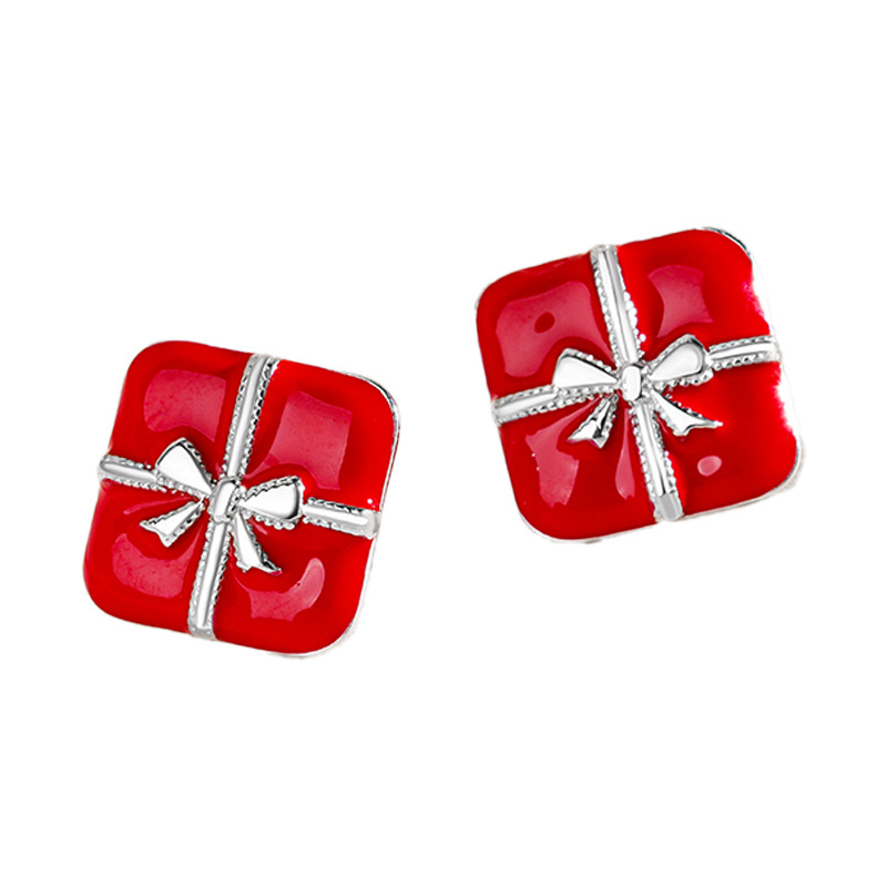 S925 Sterling Silver Red Christmas Gift Box Stud Earrings
