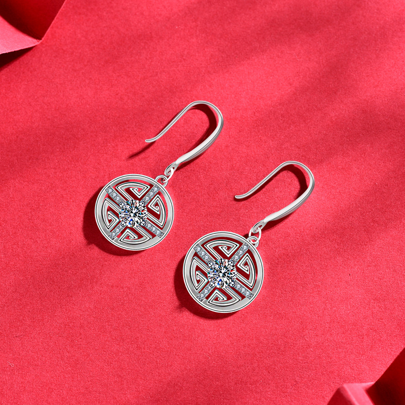 925 sterling silver new Chinese retro coin Mosang stone ear hook