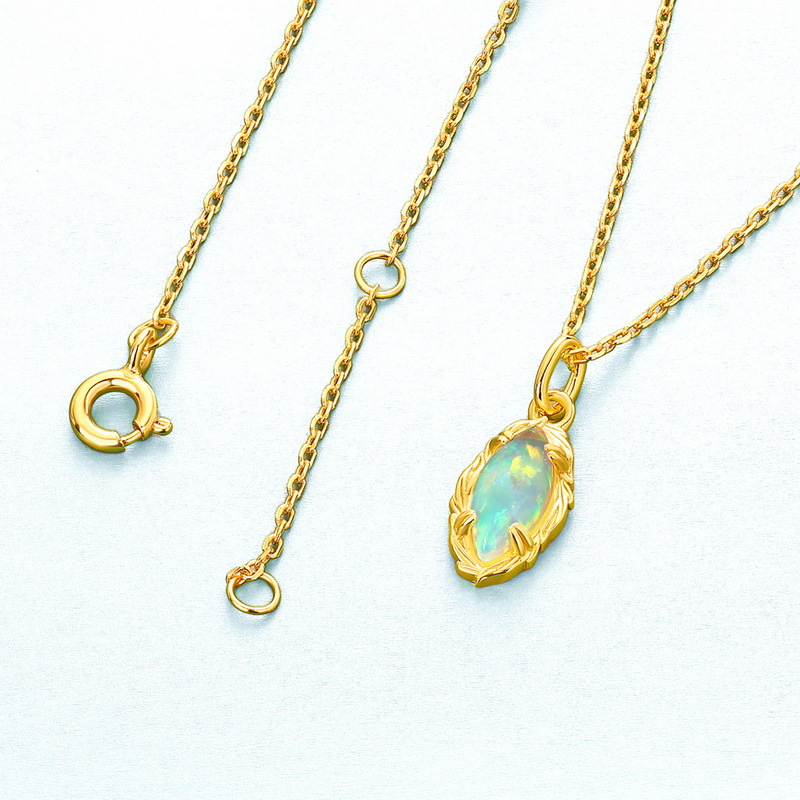 S925 Sterling Silver Geometric Horse Eye Opal Pendant Necklace