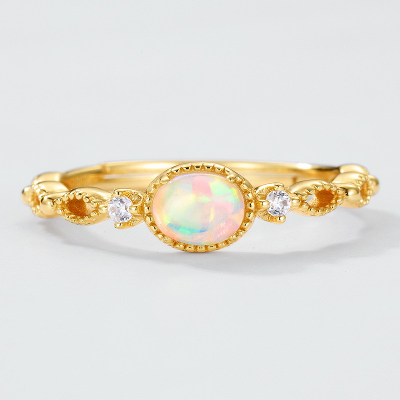 S925 Sterling Silver Gold-Plated Openwork Synthetic Opal Ring