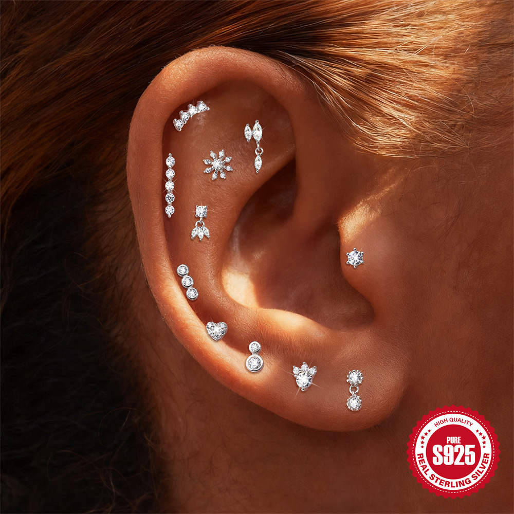 S925 Sterling Silver Moissanite Threaded Cartilage Stud
