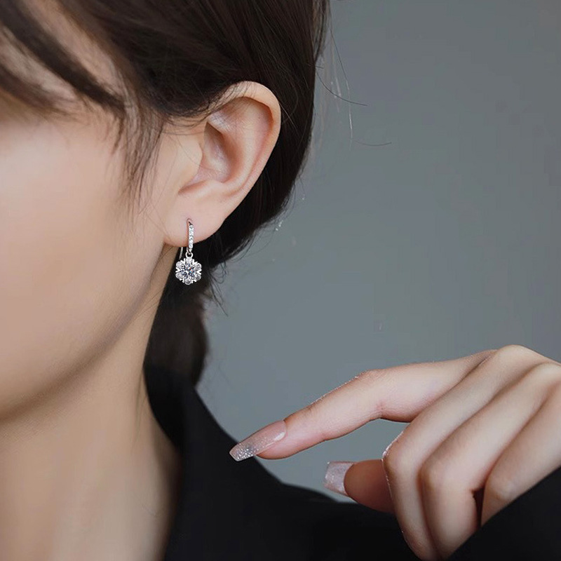 Christmas Earrings: 925 Sterling Silver Snowflake & Moissanite Ear Hooks