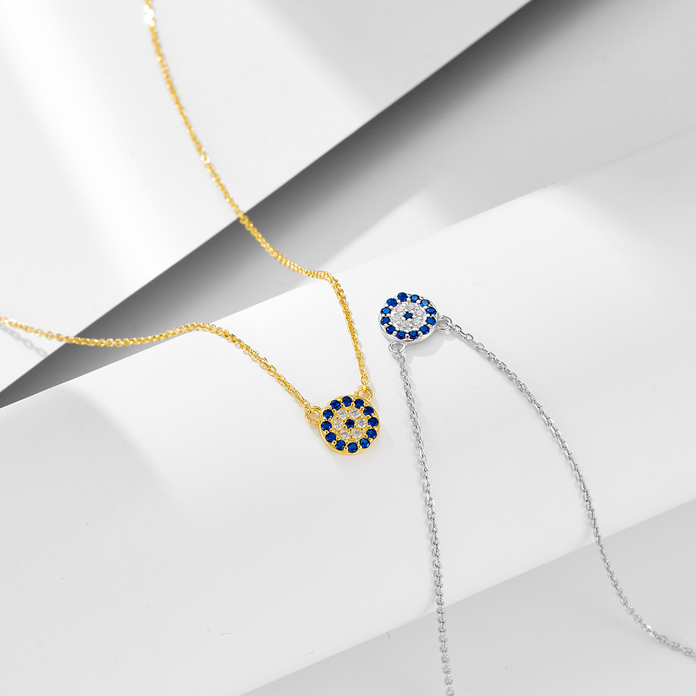 S925 Sterling Silver Devil's Eye Round Blue White Zircon Inlaid Necklace